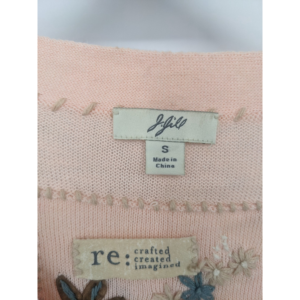 J Jill Sweater Womens Small Pink Floral Embroidered Linen Blend Cardigan Cottage - Picture 7 of 12